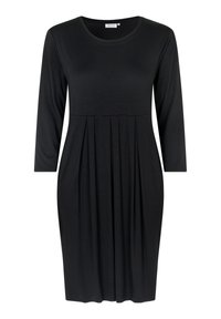 Abito nero con maniche lunghe e scollatura rotonda. Presenta un design del corpino plissettato, realizzato in un tessuto morbido con una texture liscia.
