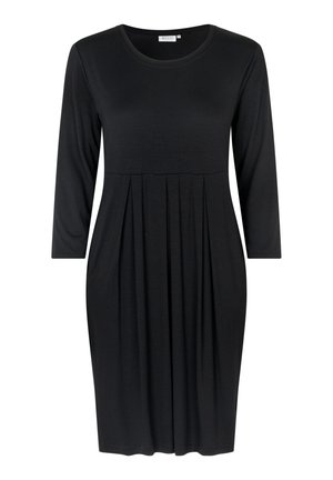 Abito nero con maniche lunghe e scollatura rotonda. Presenta un design del corpino plissettato, realizzato in un tessuto morbido con una texture liscia.