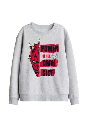 Grauer Pullover mit rotem Teufelsgesicht und schwarzem Text "Power of the Dark Side" in fetten Buchstaben auf der Vorderseite.