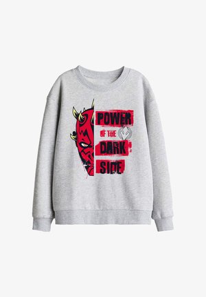 Grauer Pullover mit rotem Teufelsgesicht und schwarzem Text "Power of the Dark Side" in fetten Buchstaben auf der Vorderseite.