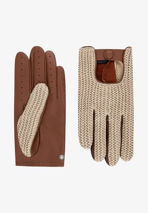 Brown leather gloves with a beige crocheted back, featuring perforations for breathability and a snap closure for secure fastening.