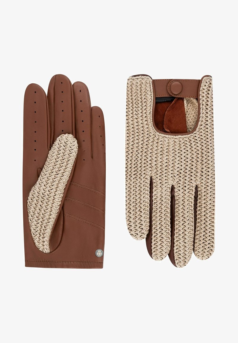 Braune Lederhandschuhe mit einem beige gehäkelten Rücken, ausgestattet mit Perforationen für Atmungsaktivität und einem Druckknopfverschluss für sicheren Halt.