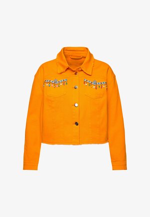 Orange cropped denimjakke med knaplukning, to brystlommer og perlebroderi over fronten. Flosset krave og kantdetaljer.