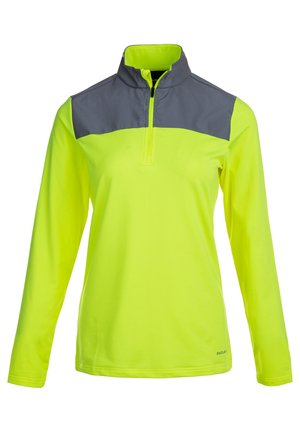 Langärmliger Pullover in leuchtendem Neon-Gelb mit grauem oberen Abschnitt und halbem Reißverschlusskragen. Glatter Stoff mit tailliertem Design.