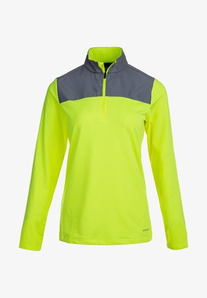 Langarm pullover in helder neon geel met een grijze bovenkant en een halve rits kraag. Gladde stof met een aansluitend ontwerp.