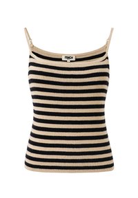 Beige en zwart gestreepte geribbelde tanktop met dunne banden en een ronde hals. Minimalistisch ontwerp met gebreide textuur. Merkenlabel zichtbaar.
