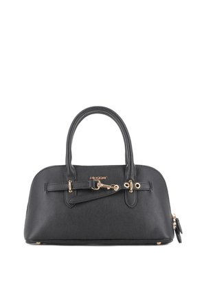 Bolso de cuero negro con dos asas, cierre y herrajes en tono dorado, y una forma rectangular estructurada y redondeada.