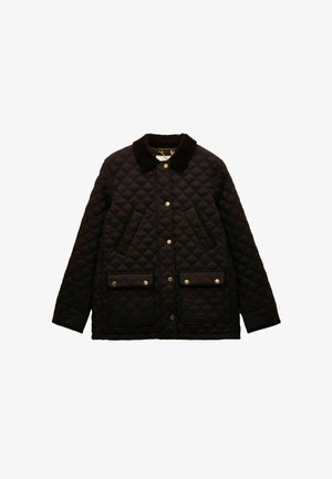 Quilted black jacket featuring a corduroy collar, two front pockets with gold buttons, and a diamond pattern throughout.