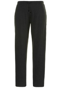 Zwarte, stretchstof broek met een elastische tailleband en trekkoord, voorzien van zijzakken en een ontspannen pasvorm. Gladde textuur, geen patronen.