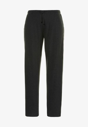 Pantalones de tela elástica negra con cintura elástica y cordón, que incluyen bolsillos laterales y un ajuste relajado. Textura suave, sin estampados.