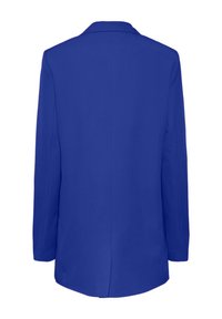 Blazer bleu à manches longues avec une couture droite au dos et un col à cran, vu de dos sur fond blanc.
