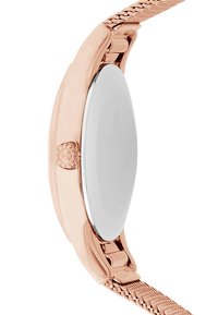 Boîtier de montre en métal rose doré avec un dos en argent, présentant un bracelet tressé texturé et une couronne décorative sur le côté.