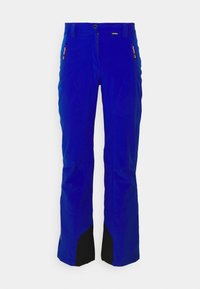 Pantalons d'extérieur bleus avec poches zippées à l'avant, passants de ceinture et tissu noir renforcé aux chevilles, conçus pour la durabilité et le confort.