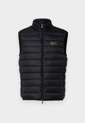 Colete acolchoado preto com gola alta, fecho frontal em zíper e logótipo dourado. Apresenta secções cosidas para isolamento e uma textura suave.