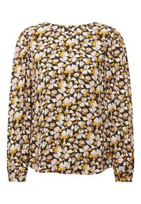Langärmlige Bluse mit schwarzem Hintergrund und bunten Blumenmustern in Gelb, Lavendel und Weiß. Weicher, leichter Stoff.