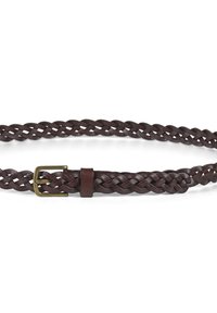 Cintura in pelle intrecciata marrone con fibbia in ottone, caratterizzata da una superficie liscia e un design intrecciato per durabilità e stile.