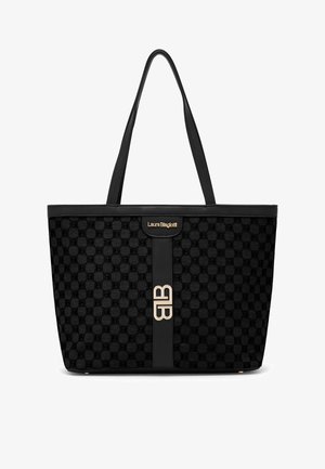 Borsa tote nera con motivo geometrico, caratterizzata da dettagli in metallo dorato con logo e inserti in pelle liscia, forma strutturata e due spallacci.