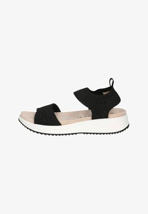 Sandalete negre din tricot, cu două curele late, branț moale și o talpă albă cu un outsole ribatat negru.