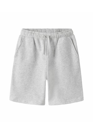 Shorts décontractés gris clair avec taille élastique, cordon de serrage et poches latérales, adaptés pour les loisirs ou les activités sportives.