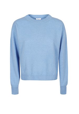 Maglione azzurro chiaro a maniche lunghe, con scollo rotondo, realizzato in morbido tessuto a maglia. Presenta polsini e orlo a coste, con una vestibilità rilassata e crop.