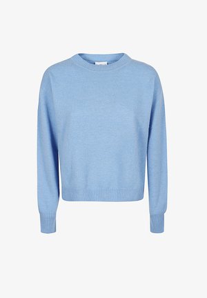 Himmelblauer, langärmeliger Pulli mit Rundhalsausschnitt aus weichem Strickmaterial. Mit gerippten Bündchen und Saum sowie einer lockeren, verkürzten Passform.