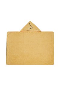 Gelbes Babyhandtuch mit einer spitzen Kapuze, die ein Giraffenmotiv zeigt, weiche Textur und gestickte Akzente an der Kapuze und am Körper.