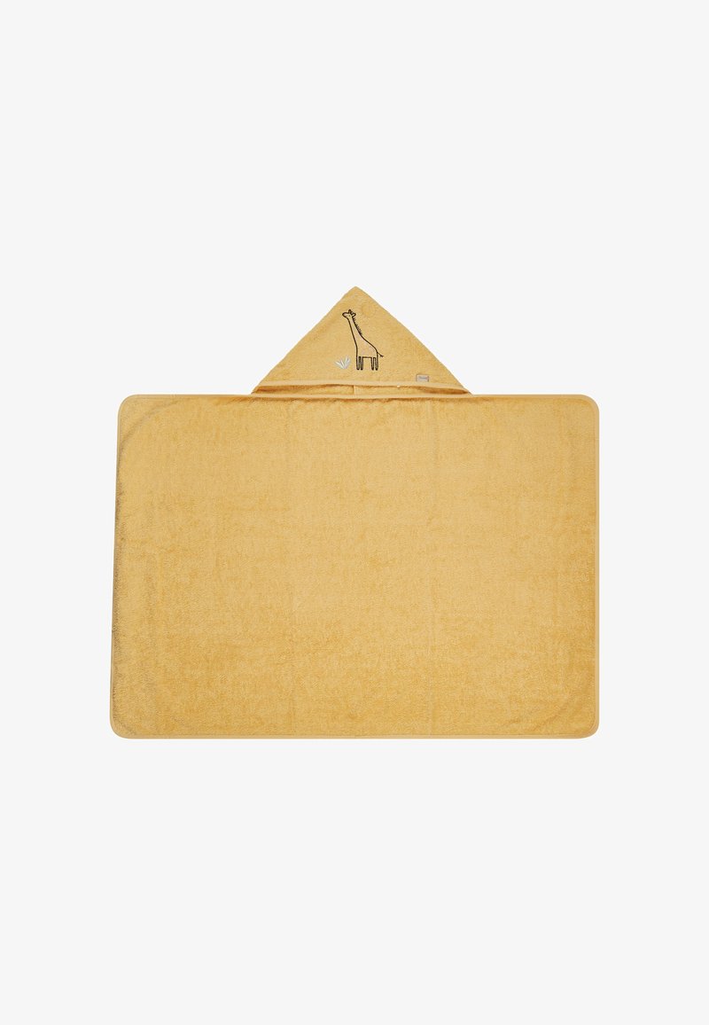 Gelbes Babyhandtuch mit einer spitzen Kapuze, die ein Giraffenmotiv zeigt, weiche Textur und gestickte Akzente an der Kapuze und am Körper.
