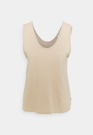 Débardeur beige sans manches avec un large col rond et une coupe décontractée, présenté sur un fond gris clair uni.