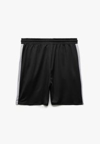 Svarta sportshorts med elastisk midja, med vita sidopaneler. Tillverkade av lätt och slätt tyg. Inga ytterligare detaljer.