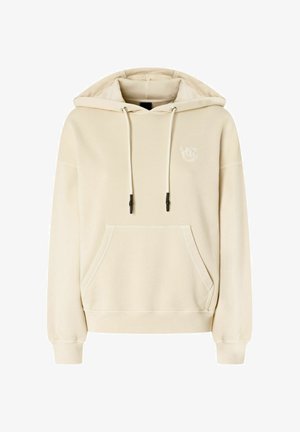 Sudadera beige hecha de una tela suave, con un bolsillo frontal, capucha con cordón ajustable y un sutil logo bordado en el pecho.