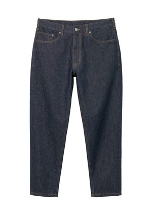 Donkerblauwe denim jeans met een recht model, vijf zakken, koperen stiksels en een knoopsluiting.