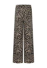 Beige- und schwarze Hosen mit Leopardenmuster in weiter Beinform, ausgestattet mit einem dehnbaren Bund und glattem Stoff. Schwarze Akzente an den Seiten.
