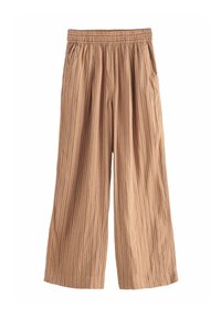 Pantaloni larghi a gamba larga con strisce verticali marroni e blu. Vita elastica con design plissettato, tessuto leggero.