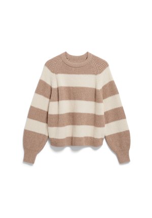Chunky knit sweater with wide beige and cream horizontal stripes, crew neckline, and long puffed sleeves with fitted cuffs.