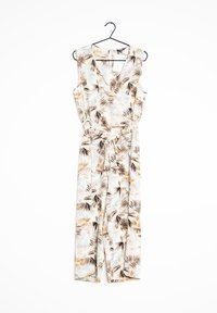 Blomstrande jumpsuit i lätt tyg med en omslagsdesign, ärmlöst snitt och knyt i midjan, med ett palmbladmönster i bruna och gröna nyanser.