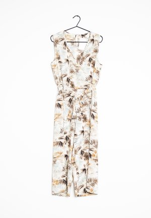 Blomsterjumpsuit i let stof med en omslagsdesign, ærmeløs snit og taljebånd, prydet med et palmebladmønster i brune og grønne nuancer.