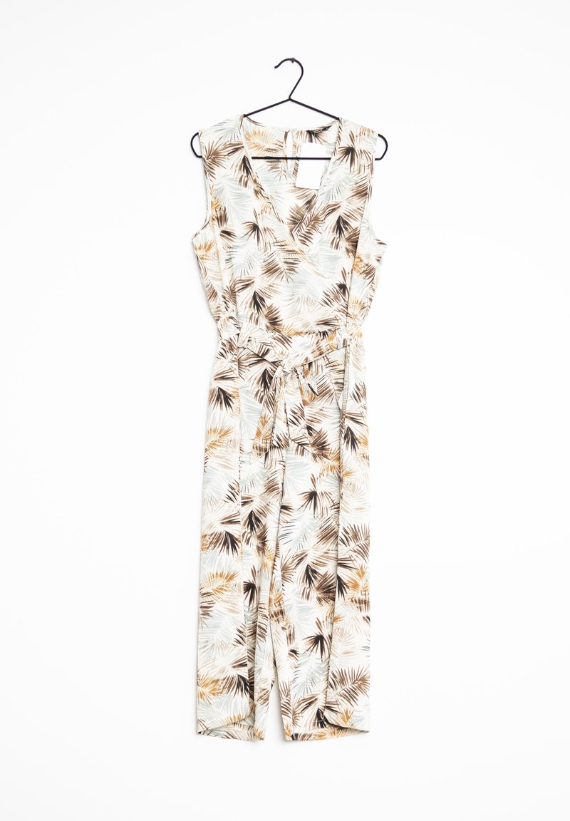 Blomstrande jumpsuit i lätt tyg med en omslagsdesign, ärmlöst snitt och knyt i midjan, med ett palmbladmönster i bruna och gröna nyanser.