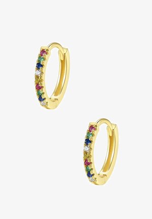 Pendientes de aro de oro que presentan una fila de piedras preciosas de varios colores, incluyendo piedras rosas, verdes, azules y transparentes, distribuidas uniformemente a lo largo del frente.