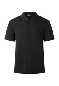 Polo shirt nera a maniche corte in cotone, con chiusura a bottoni e colletto classico. Tessuto morbido con vestibilità standard.