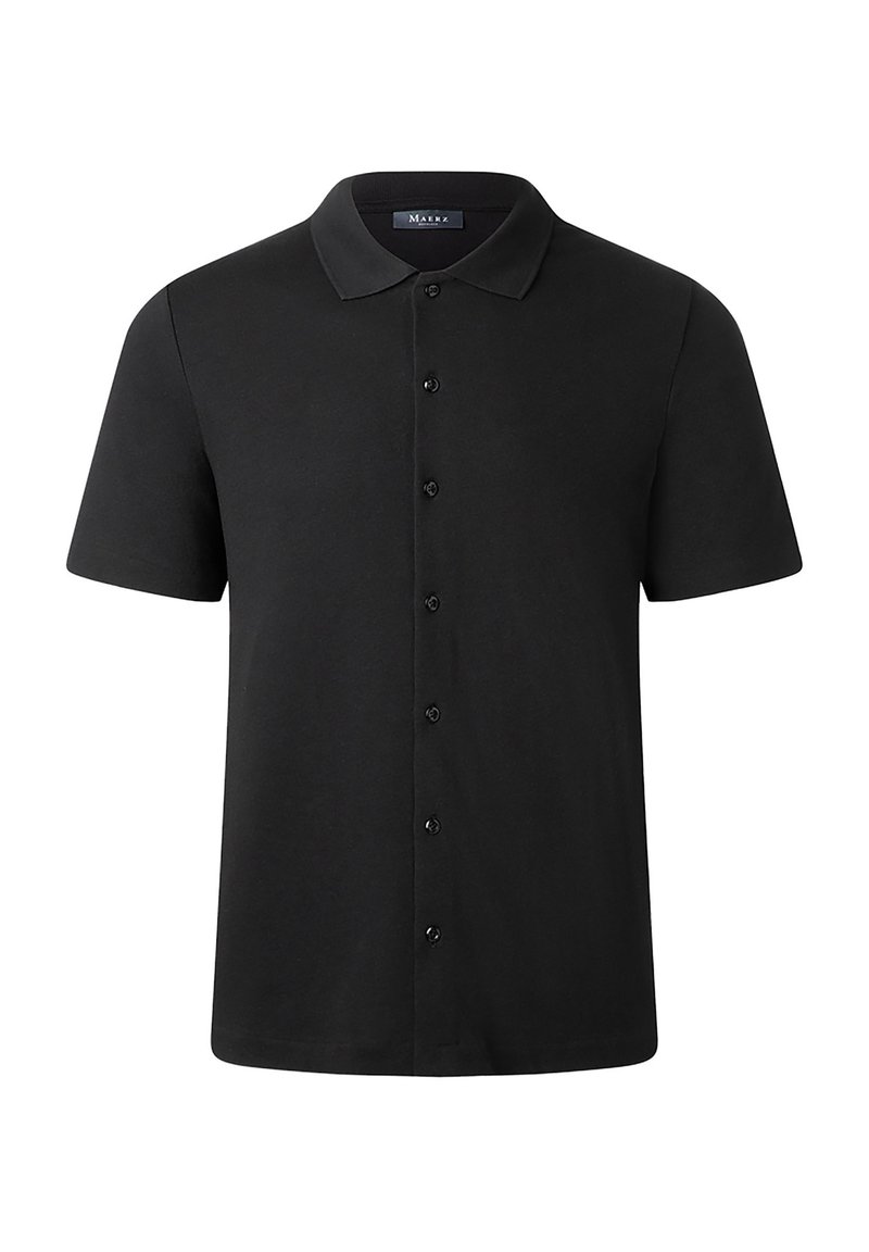 Polo shirt nera a maniche corte in cotone, con chiusura a bottoni e colletto classico. Tessuto morbido con vestibilità standard.
