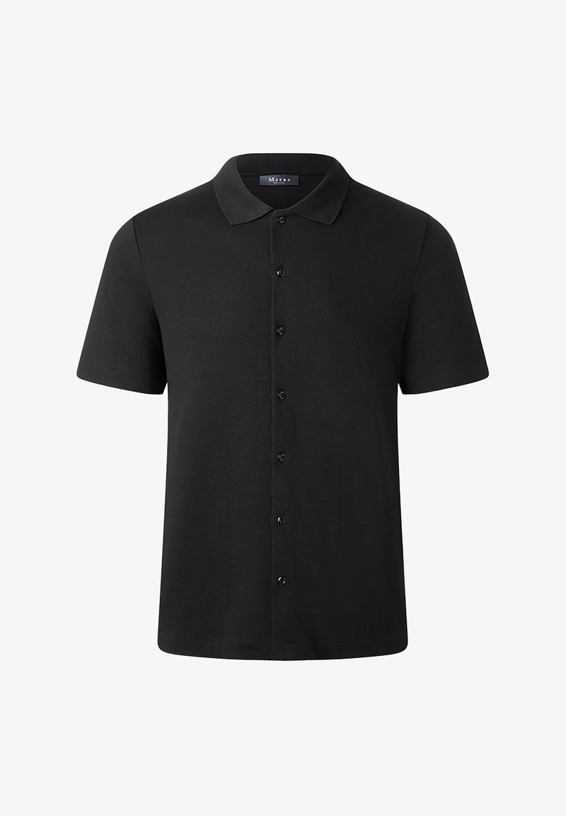 Polo shirt nera a maniche corte in cotone, con chiusura a bottoni e colletto classico. Tessuto morbido con vestibilità standard.