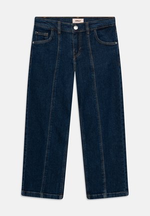 Donkere denim wijde pijpen jeans met verticale naden, voorzakken en een metalen knoopsluiting, met contrasterende gele stiksels.