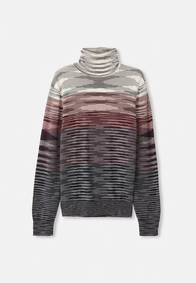 Dryžuota golfo megztinis su spalvų gradientu: pilka, balta, vyno raudona ir juoda. Minkšta tekstūra, ilgos rankovės ir nerti manžetai.