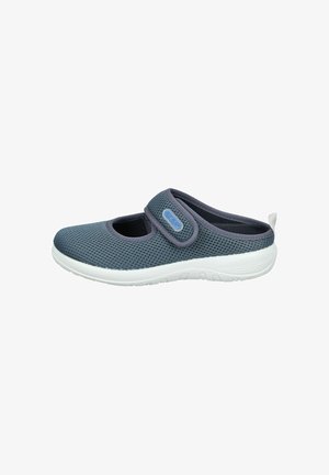 Gray mesh slip-on shoe with adjustable strap, white sole, and pull tab at heel for easy wearing.