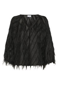 Bluza neagră transparentă cu straturi, cu franjuri lungi, decolteu în V și croială lejeră. Prezintă un material texturat cu dungi diagonale și un design lejer, fluid.