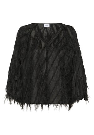 Top nero trasparente a strati con lunghe frange, scollo a V e vestibilità ampia. Presenta un tessuto testurizzato con linee diagonali e un design ampio e fluente.