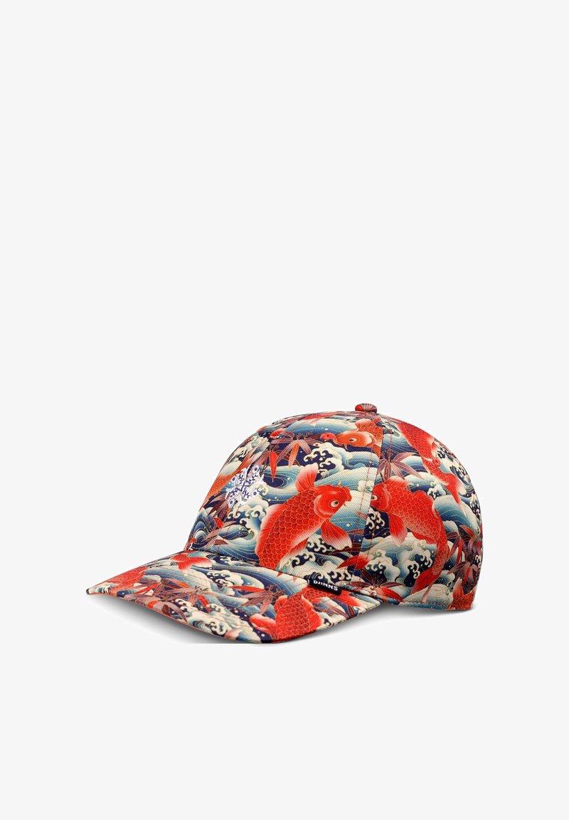 Printed cap featuring a multicolored design of koi fish and waves, predominantly in orange, blue, and cream, with a curved brim and textile material.