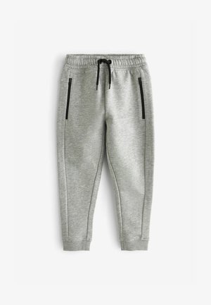 Pantaloni de trening gri deschis, fabricați dintr-un material moale. Caracteristicile includ un brâu elastic, șnur de ajustare și două buzunare laterale cu fermoar.
