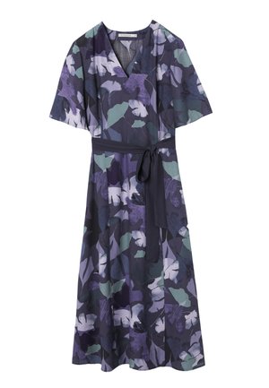 Midi wrap dress with short flutter sleeves, abstract purple and green leaf print, V-neckline, and a solid dark waist tie belt.