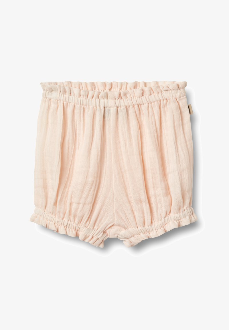Hellrosa Baumwollshorts mit gekräuselter Textur, elastischem Bund und gerafften Beinöffnungen. Das Design zeichnet sich durch eine einfache, lockere Passform aus.